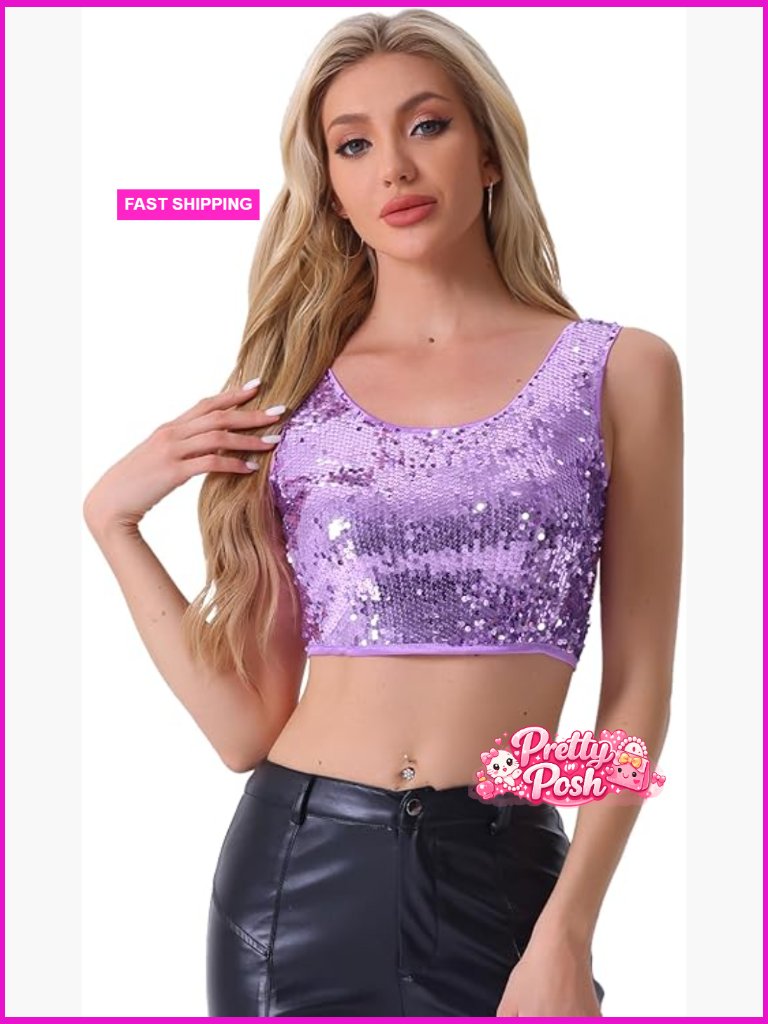 Sequin Metallic Sleeveless Crop Camisole Tank Top Party Club Tops